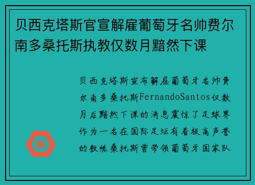 贝西克塔斯官宣解雇葡萄牙名帅费尔南多桑托斯执教仅数月黯然下课